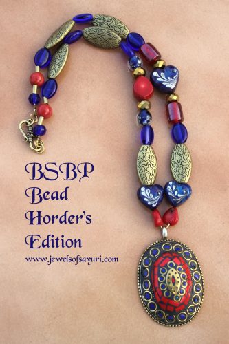 Tibetan mosaic pendant tribal necklace with lampwork hearts