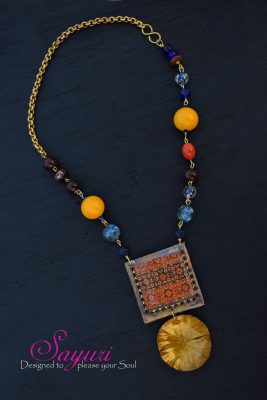 indigo dabu and copper dome necklace