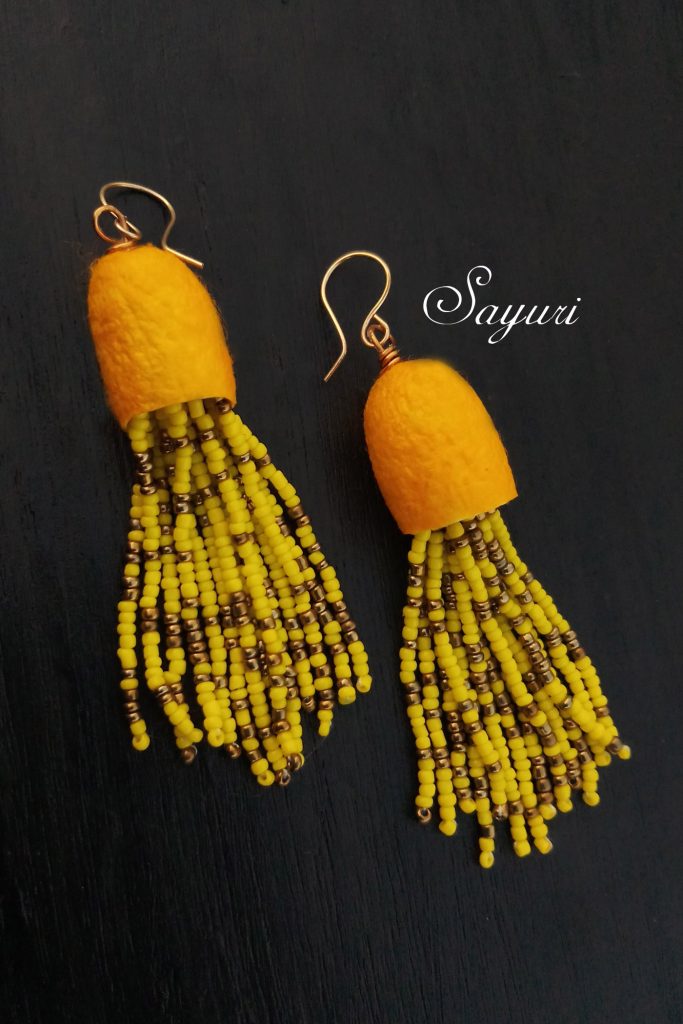 Silk cocoon tassel earrings by Sayuri