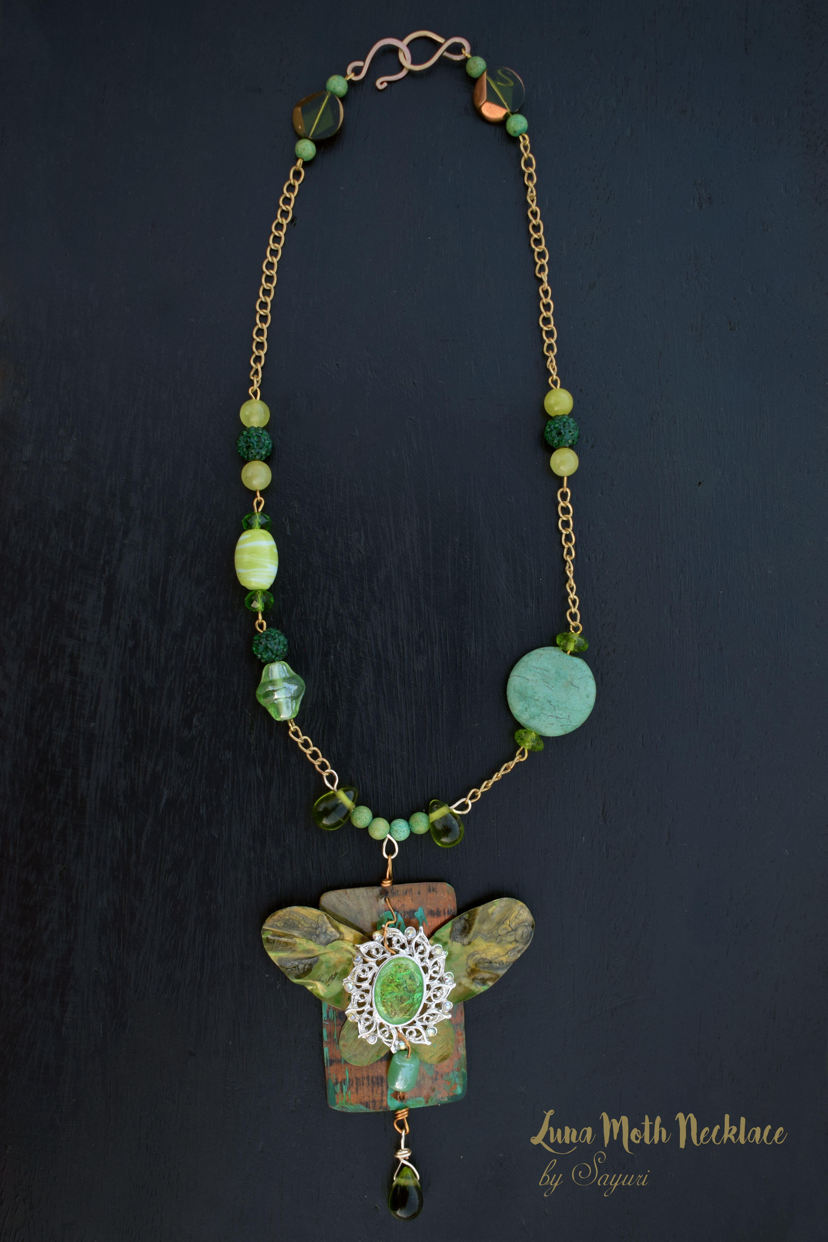 luna moth copper and brass necklace