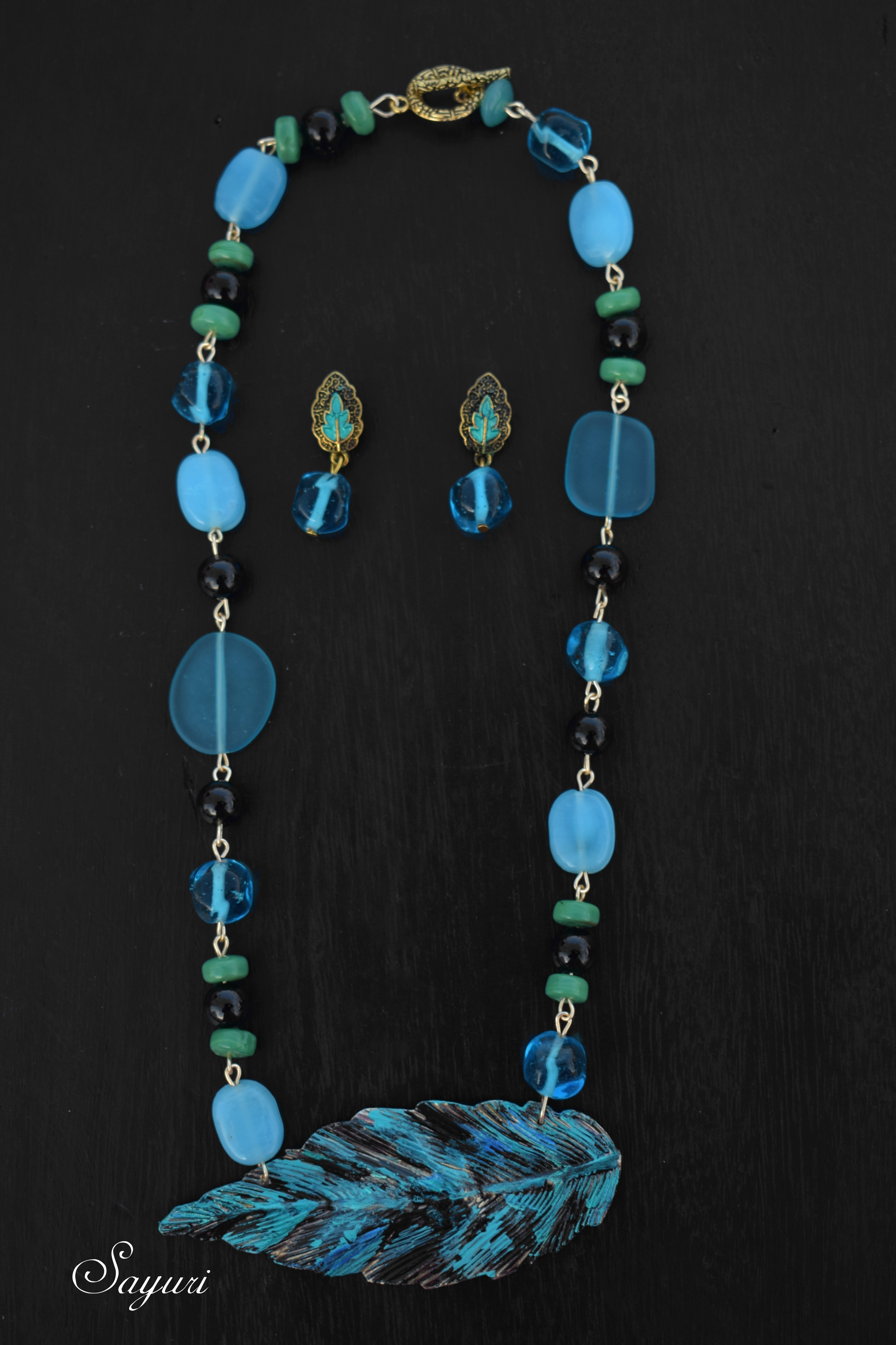 blue leaf and glass necklace