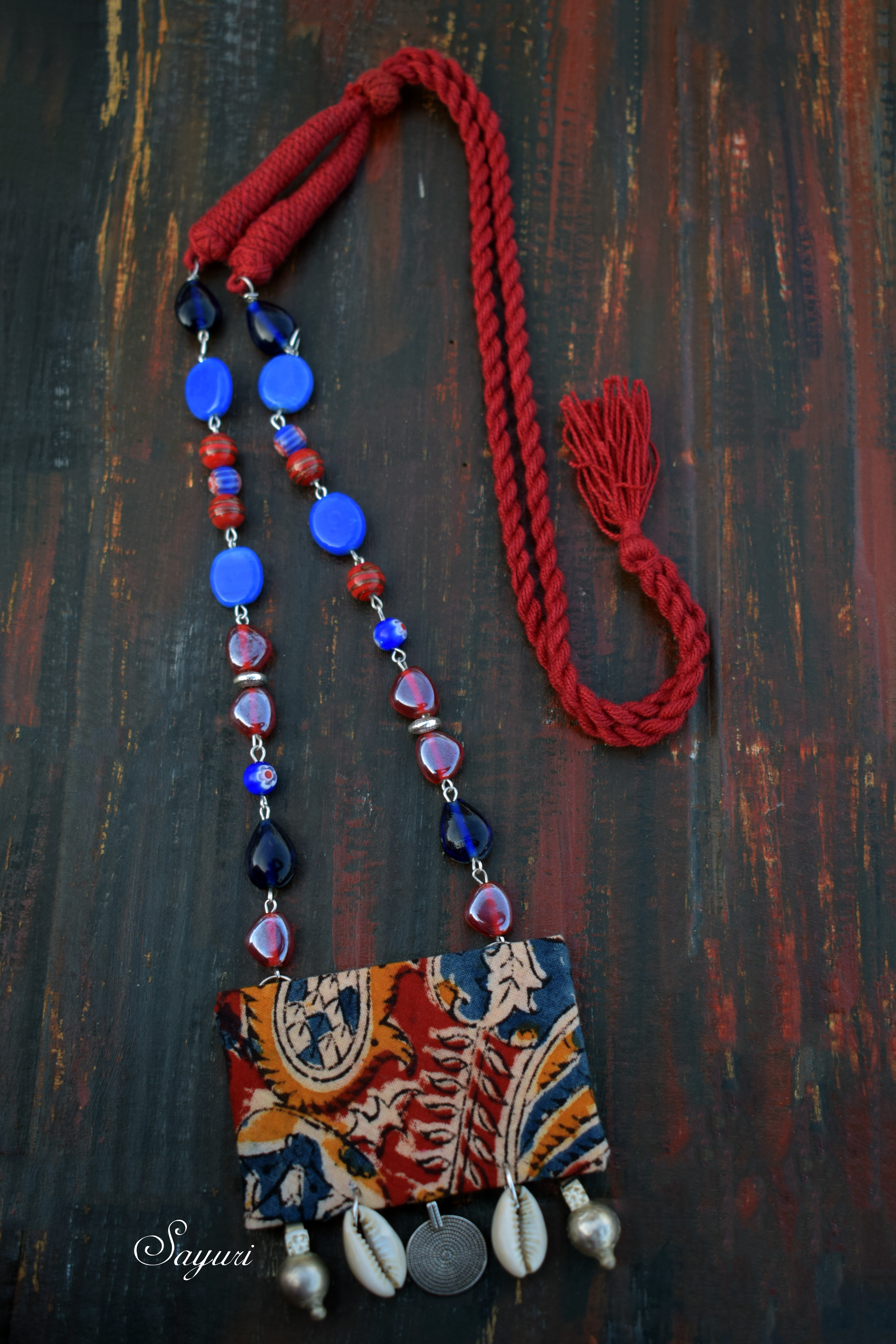 Kalamkari red blue necklace