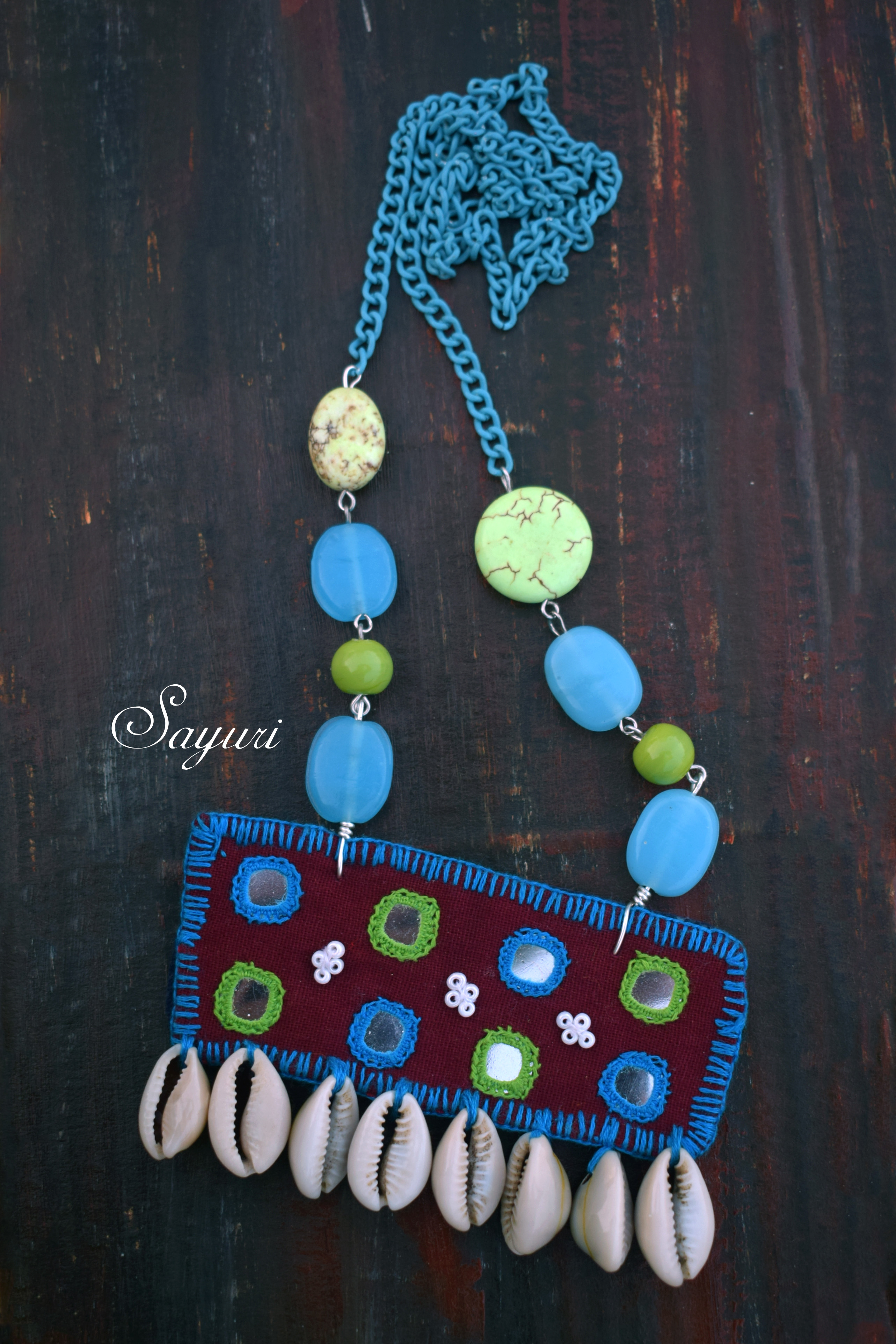 blue mirror work embroidery necklace