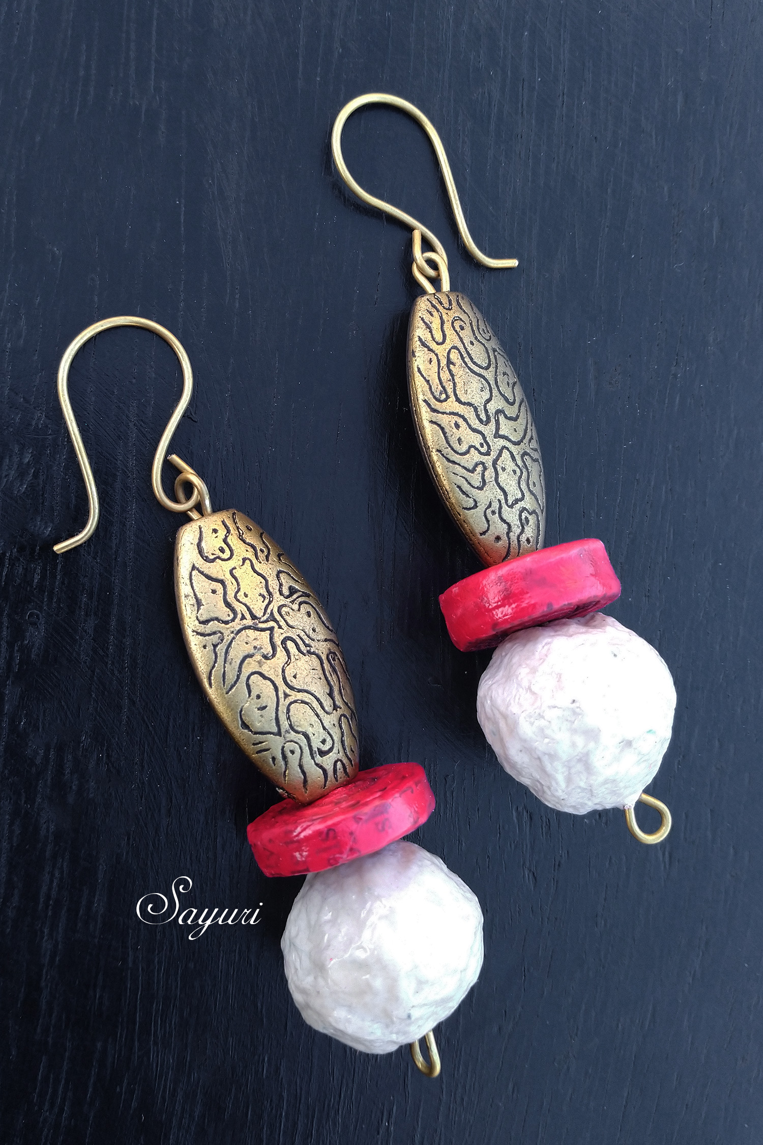 red white paper machie earrings