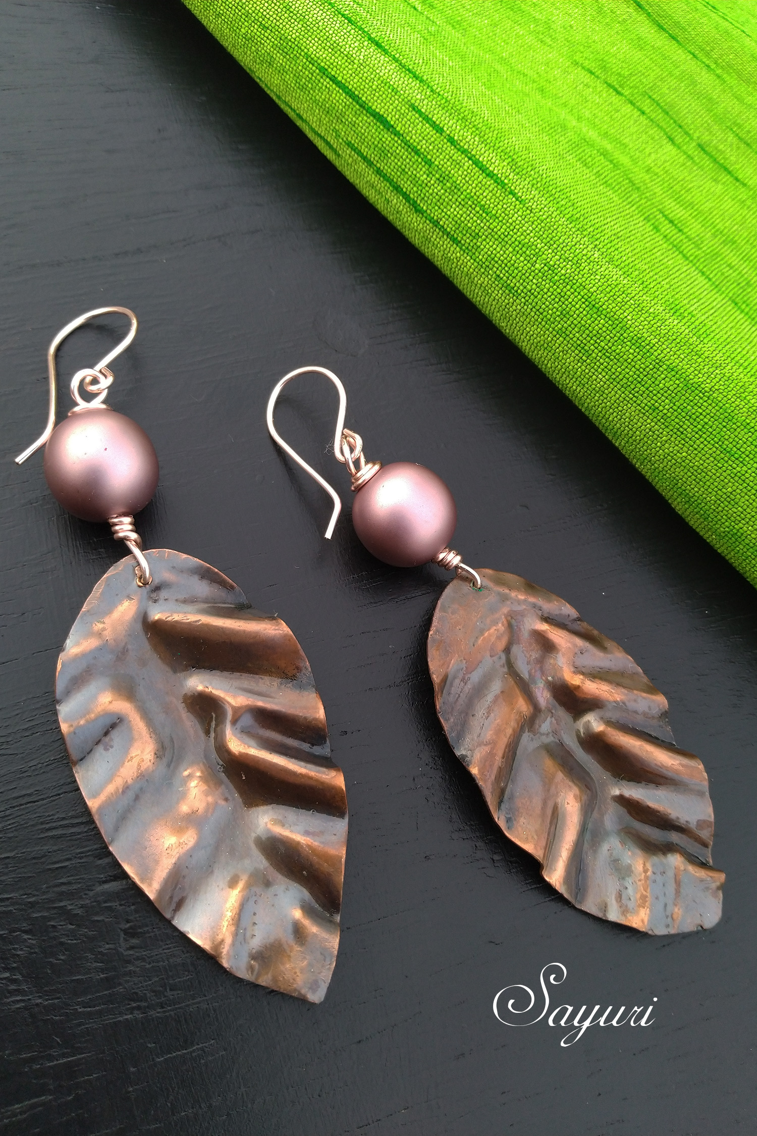 copper leaf earrings