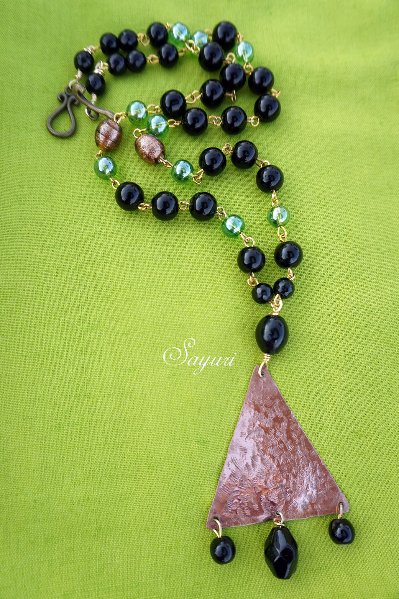 textured copper triangle necklace with glass beads