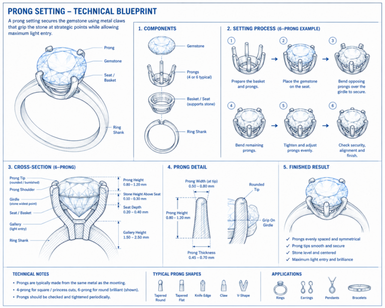 Types of Gemstone Settings - Prong setting technical blueprint